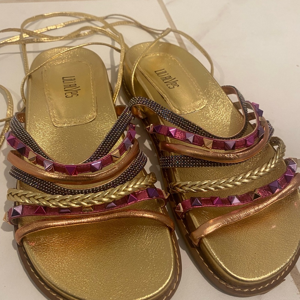 Gold & purple sandals with tassels ankle straps - never worn - size 7W